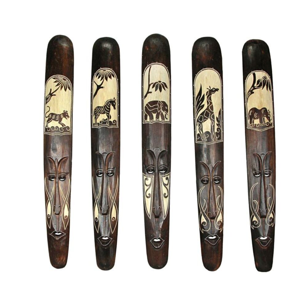 Set of Five 39 Inch Hand Carved African Style Tribal Masks Wall Bar Decor